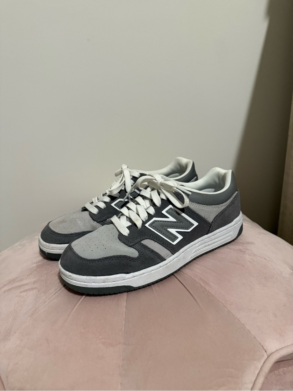 New Balance Grey and White Suede Low-Top Sneakers